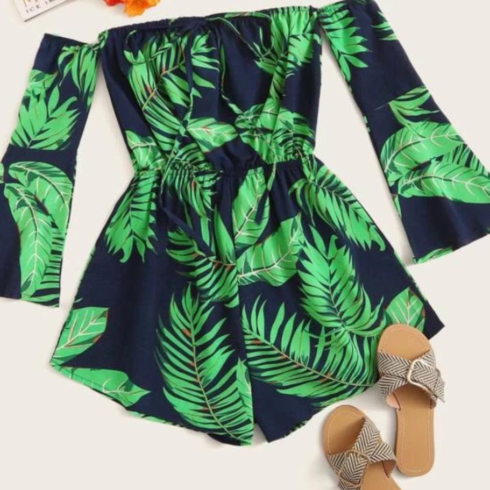 Off Shoulder Leaf Print Romper
